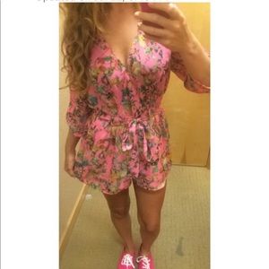 Ark & Co pink floral surplice romper tie waist